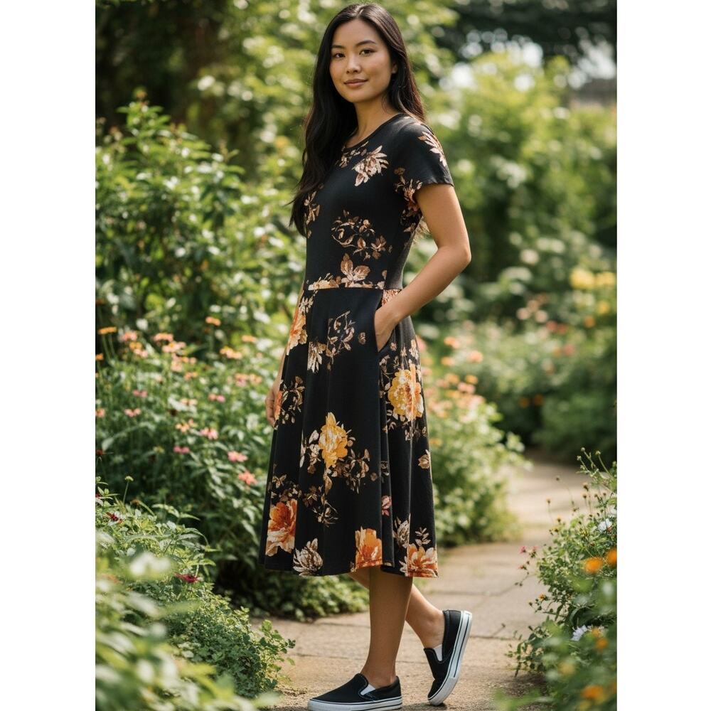 Pretty Young Thing Dark Academia Floral Jersey Stretch Fit N Flare Dress Size M